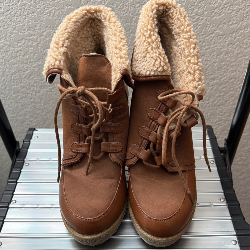 H&M Tan Lace-Up Faux-Sherpa Ankle Boots